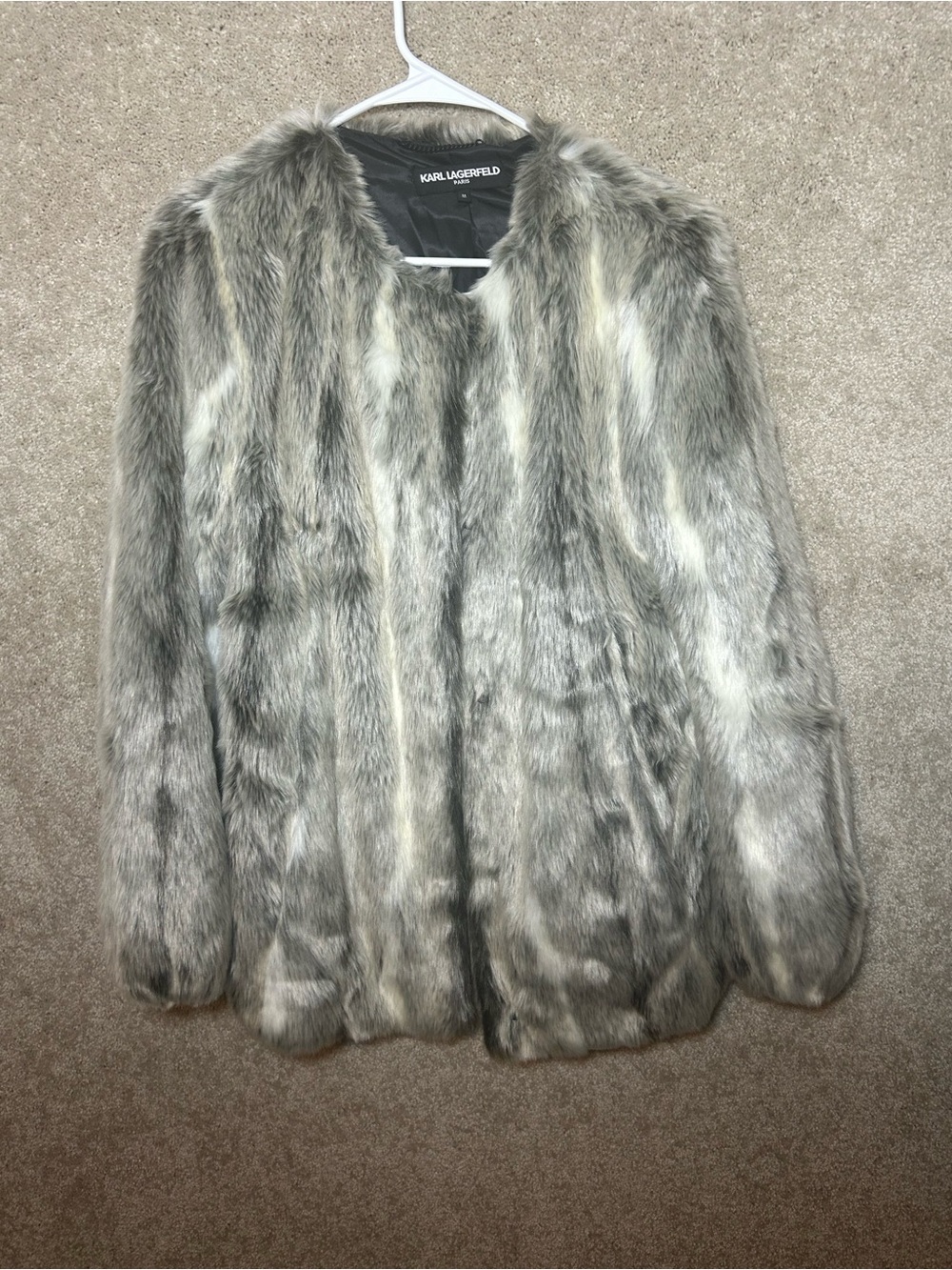 Karl Lagerfeld Paris Faux Fur Coat Womens M Gray Cream Mid Length Hook Eye